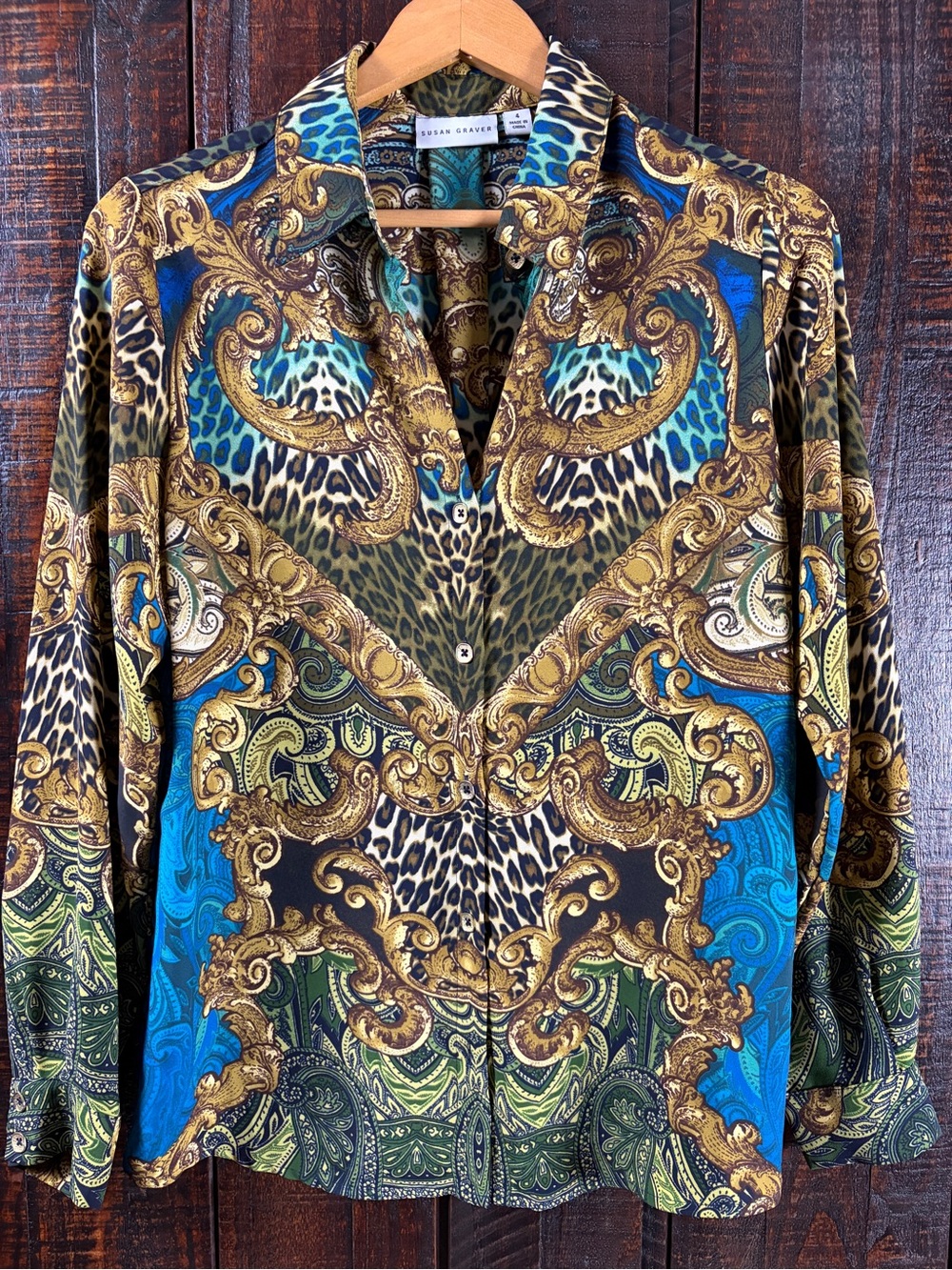 Susan Graver Baroque & Animal Print Button Front Blouse
